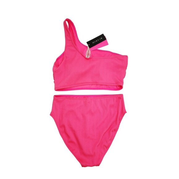One-Shoulder Ribbed Bikini Set Swimwear Pink Womens Size S - Picture 2 of 7